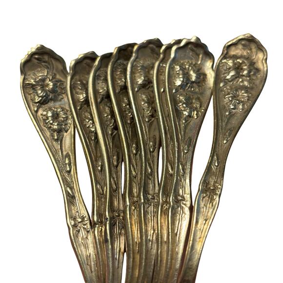 Antique silver teaspoons set (8) Carnation Pattern 1908 Rogers Art Nouveau - Picture 3 of 11